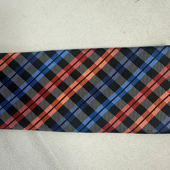 JF J.Ferrar Mens Plaid Tie Multicolor Black Orange Blue Silk Blend - Picture 2 of 3